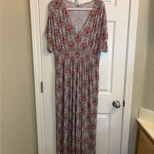 Women’s Boden Orange & Red Tomato Girl Floral V-Neck Maxi S/S Knit Dress 14